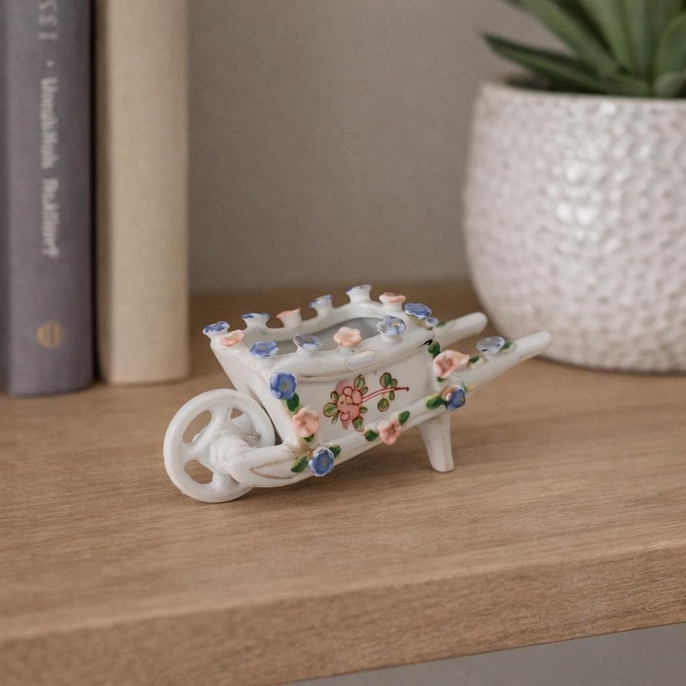 Vintage Ceramic Wheelbarrow Planter Floral Mini Japan